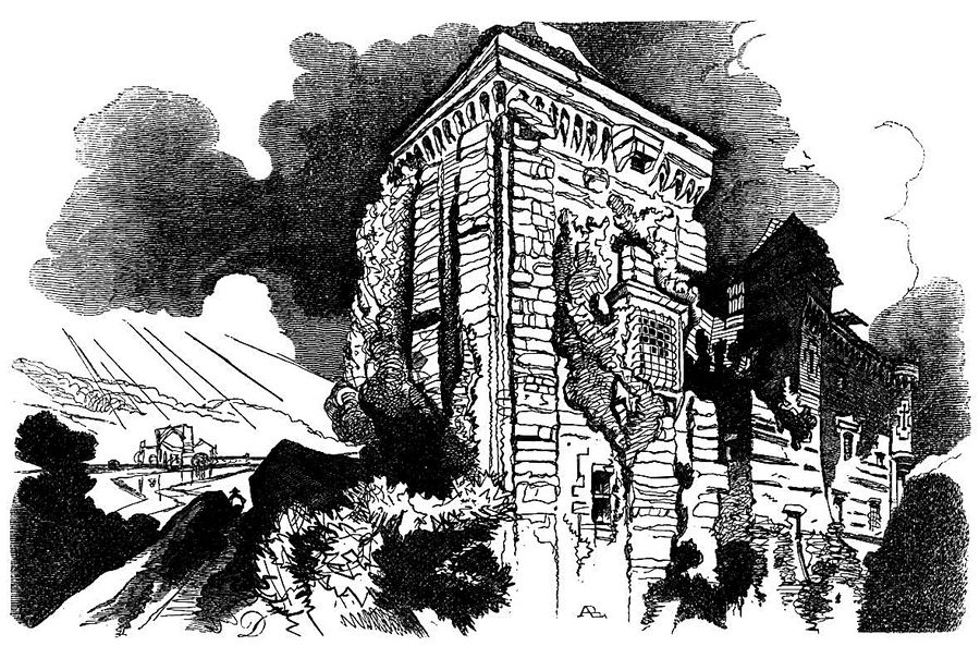 Vue romantique du donjon de Valmont vers 1850